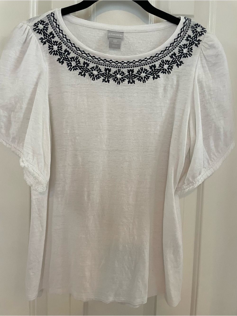 Chico's White Scoop Neck Top with Navy Embroidery